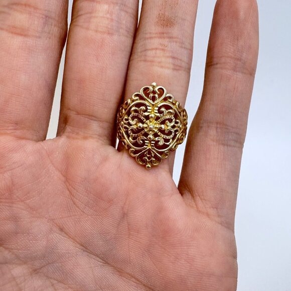 VTG Gold Over Sterling Silver Open Filigree Scroll Design Beaded Ring Size 7 - Picture 8 of 10